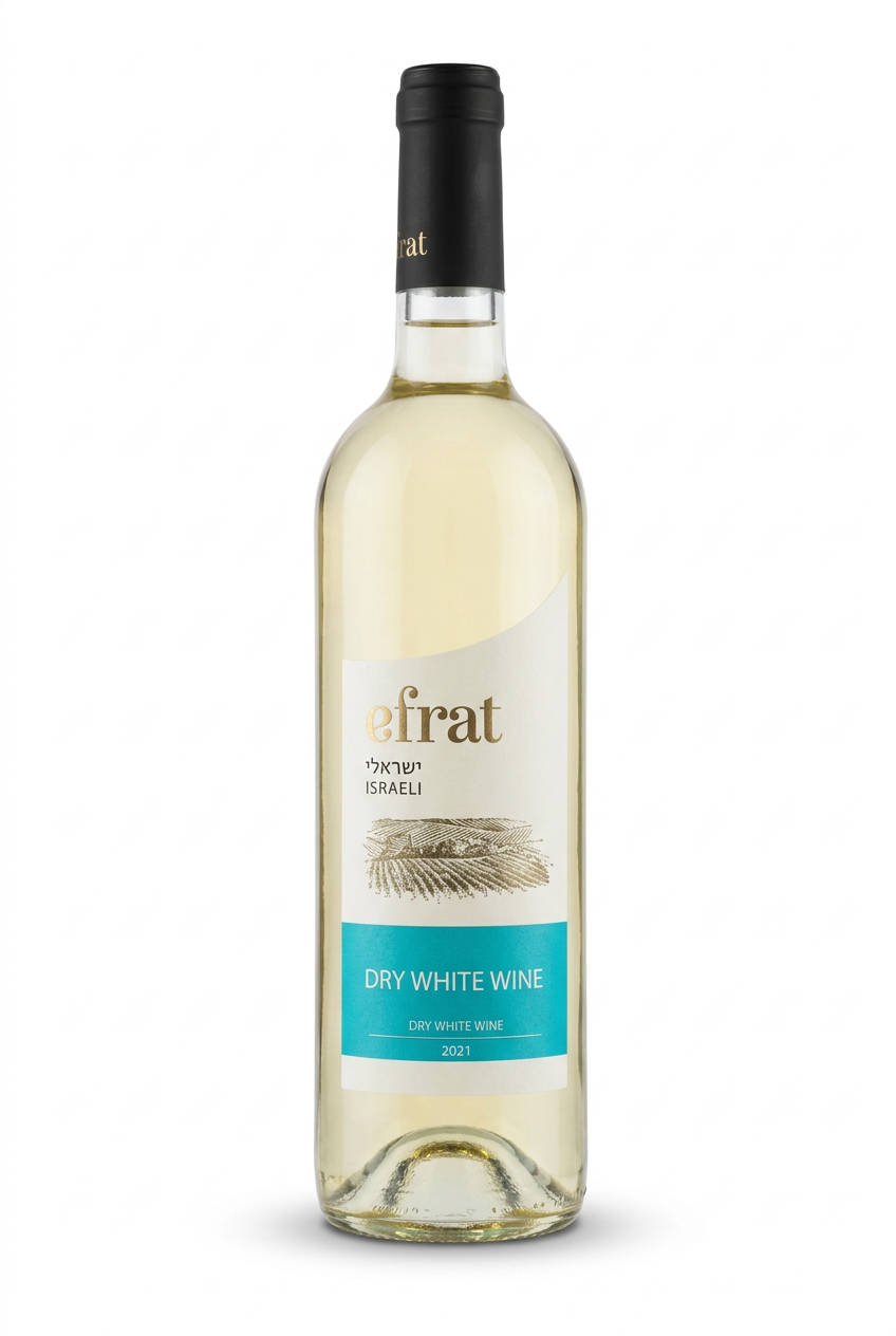 Efrat Israeli Dry White, Weißweinflasche mit türkisfarbenem Dry White Wine Etikett vor weißem Hintergrund