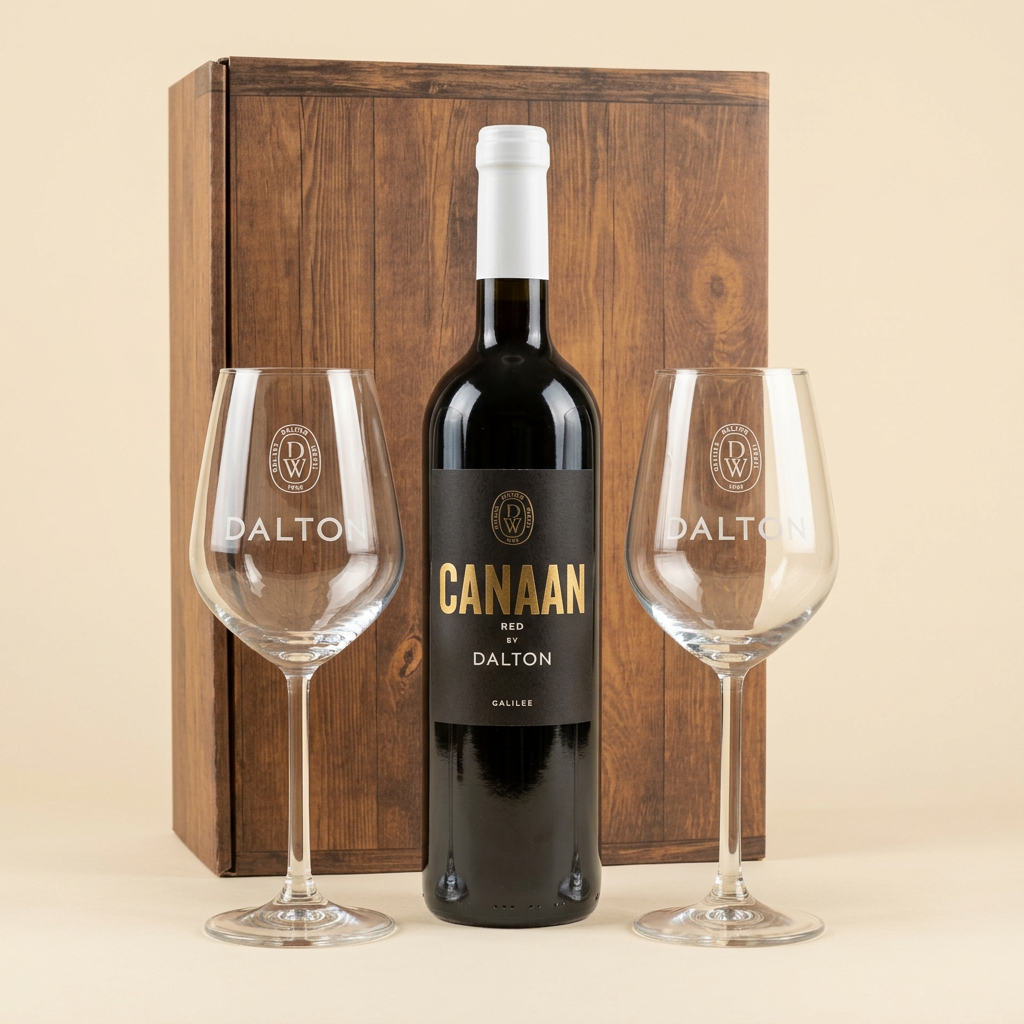 Candlelight Dinner-Set mit einer Flasche Wein, zwei Weingläsern und beispielhaftem Geschenkkarton im Holzlook